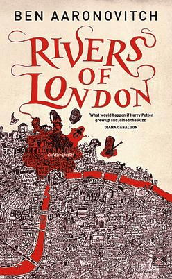 Book cover of 'Rivers of London' by Ben Aaronovitch, featuring a detailed map of London in a red and white design.