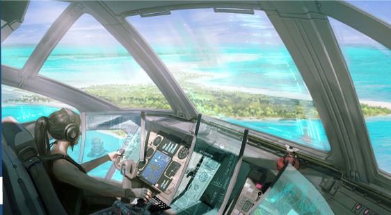 A futuristic cockpit view showing a woman pilot wearing headphones, navigating while looking at advanced digital displays and controls, with a scenic ocean view and land visible through the cockpit windows.